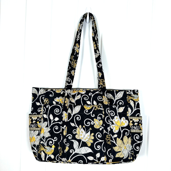 Vera Bradley Tote Bag Large Jumbo Quilted Black Yellow Bird 6 Pockets Zip Top - Picture 2 of 11
